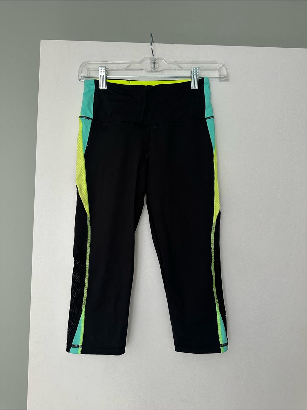 Women’s ' Black Athletic Capri Leggings with Mint & Neon Yellow Panels